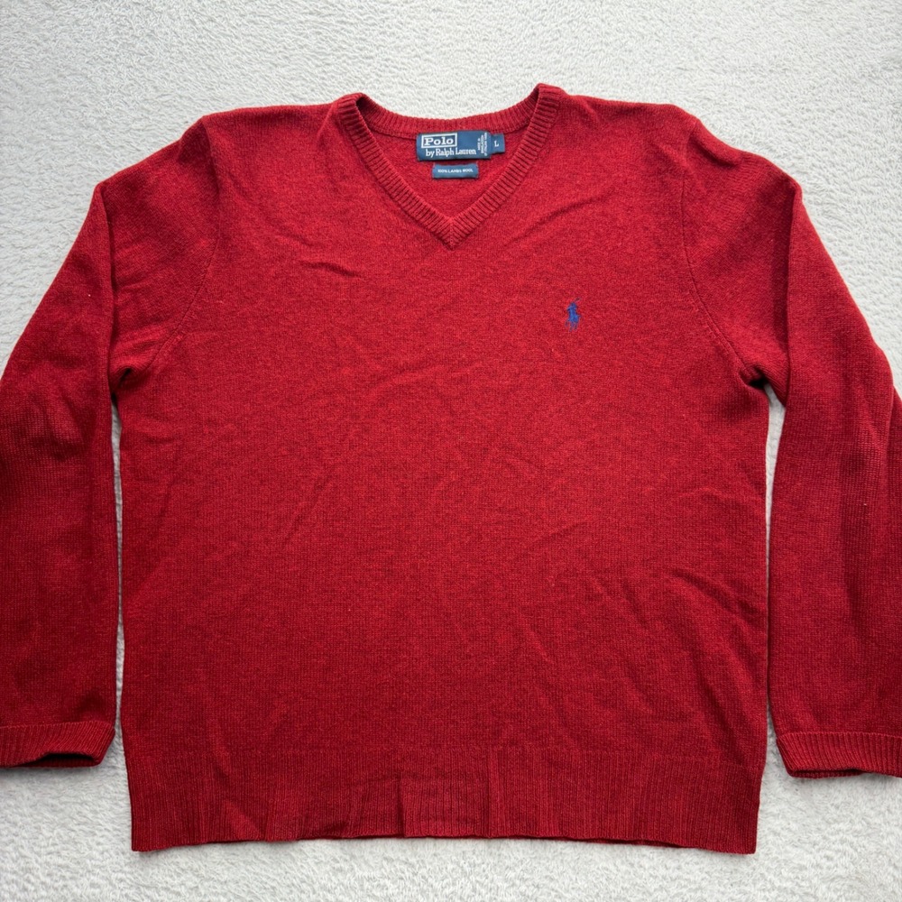 Polo Ralph Lauren Mens Red 100% Lambswool V-Neck Sweater Size Large Blue Pony